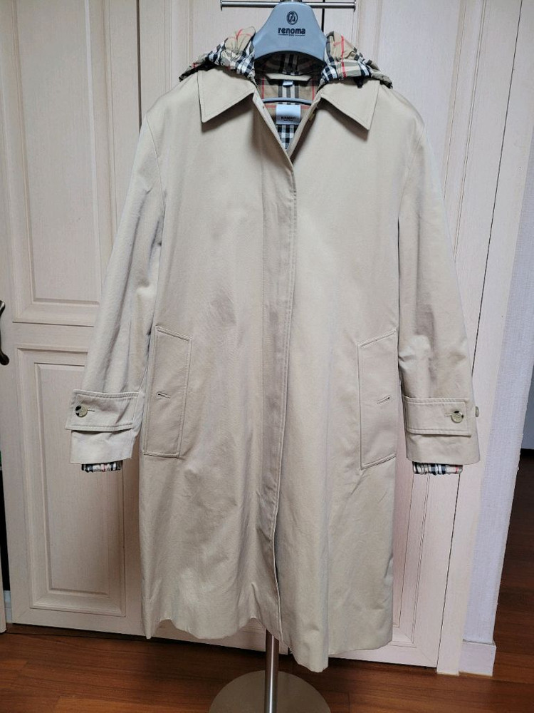 버버리 체크 후드 개버딘 트렌치 코트 UK2--1