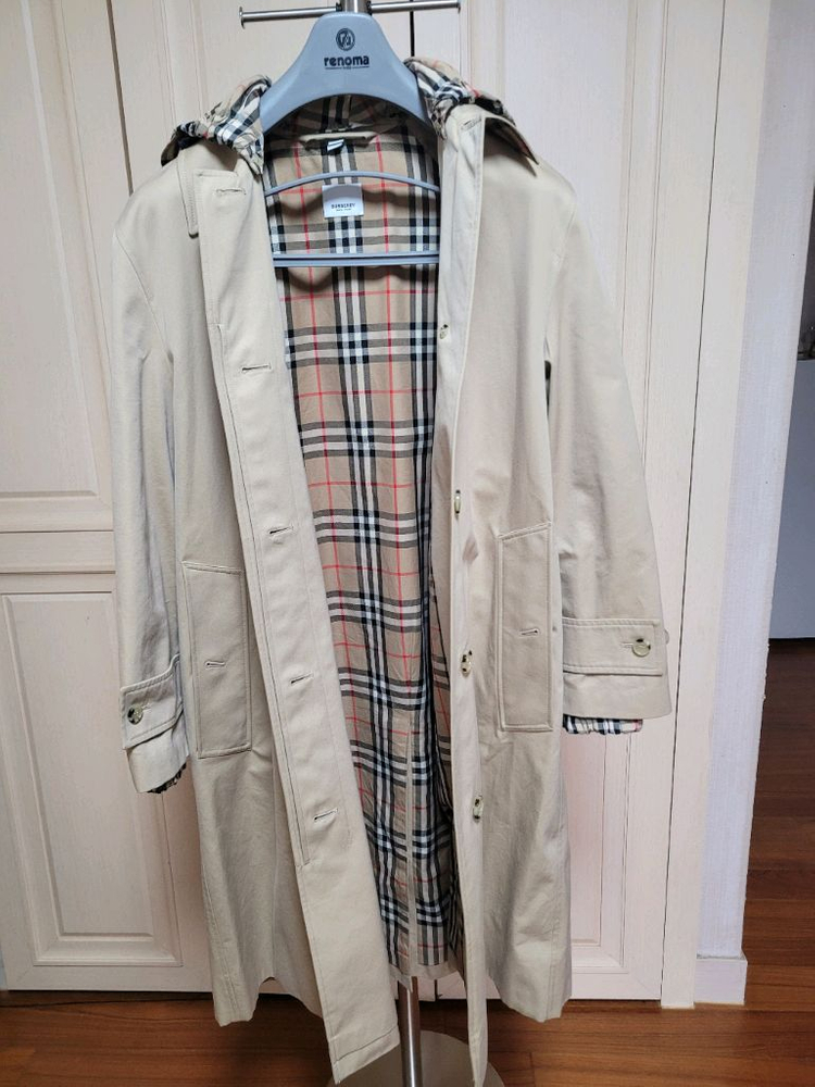 버버리 체크 후드 개버딘 트렌치 코트 UK2--3