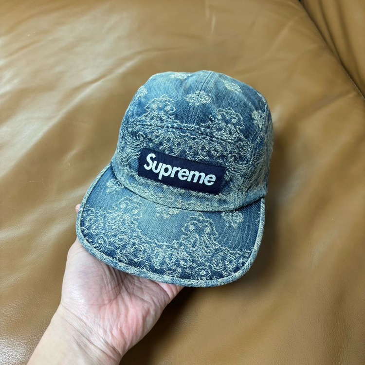 슈프림 캠프캡 모자 박스로고 반다나 워시드 데님--1