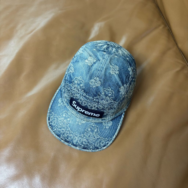 슈프림 캠프캡 모자 박스로고 반다나 워시드 데님--4