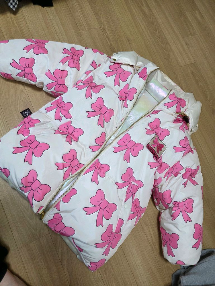 리미떼두두 리본 덕다운패딩 귀마개세트 XL 새상품급--3