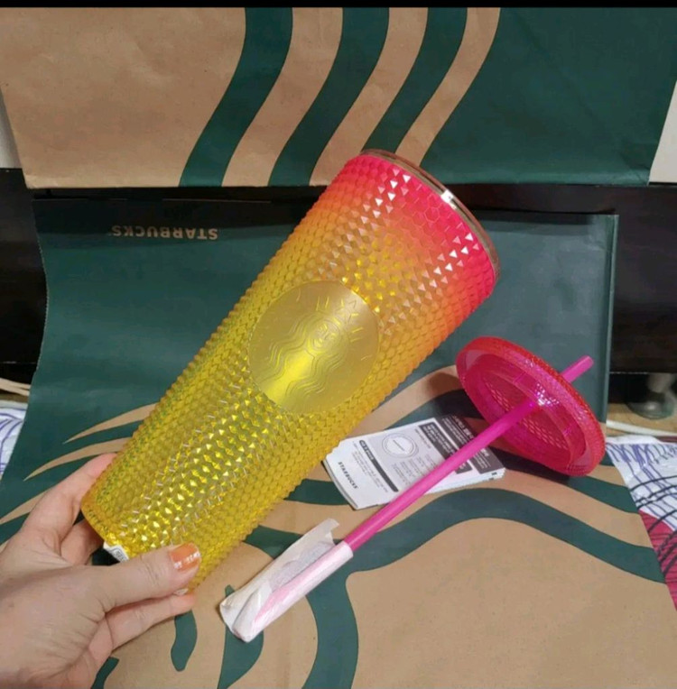 새상품S급]스타벅스 서머 스터드 핑크옐로 콜드컵 710ml 지압 텀블러--7