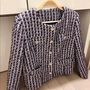 고퀄 금장버튼 누빔 울 트위드 자켓 타임랑방오브제마인 글리터 펄 반짝이 퍼플 보라 라운드넥 퀼팅