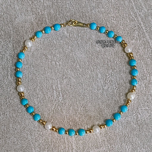 14K 아코야 진주 천연 터키석 금 팔찌 이미지