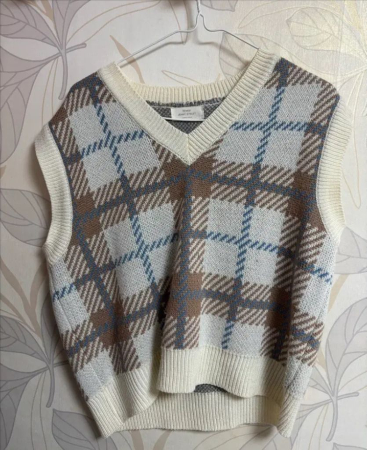 체크 니트 조끼--1