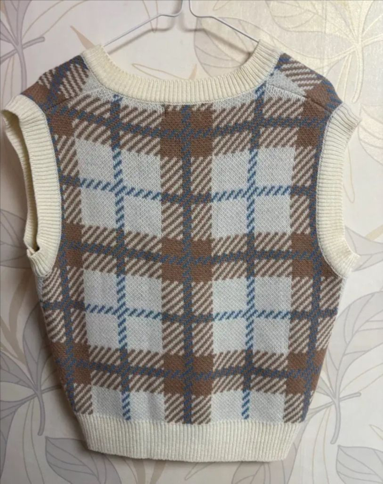 체크 니트 조끼--2