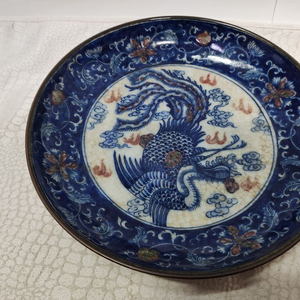 중국도자기 빨강 파랑 접시 그릇