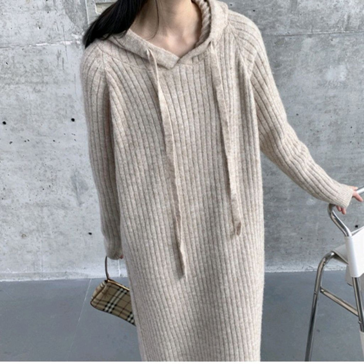 니트 후드 원피스 아이보리 FREE--1