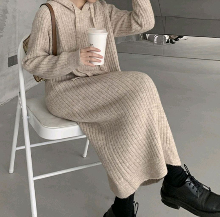 니트 후드 원피스 아이보리 FREE--3