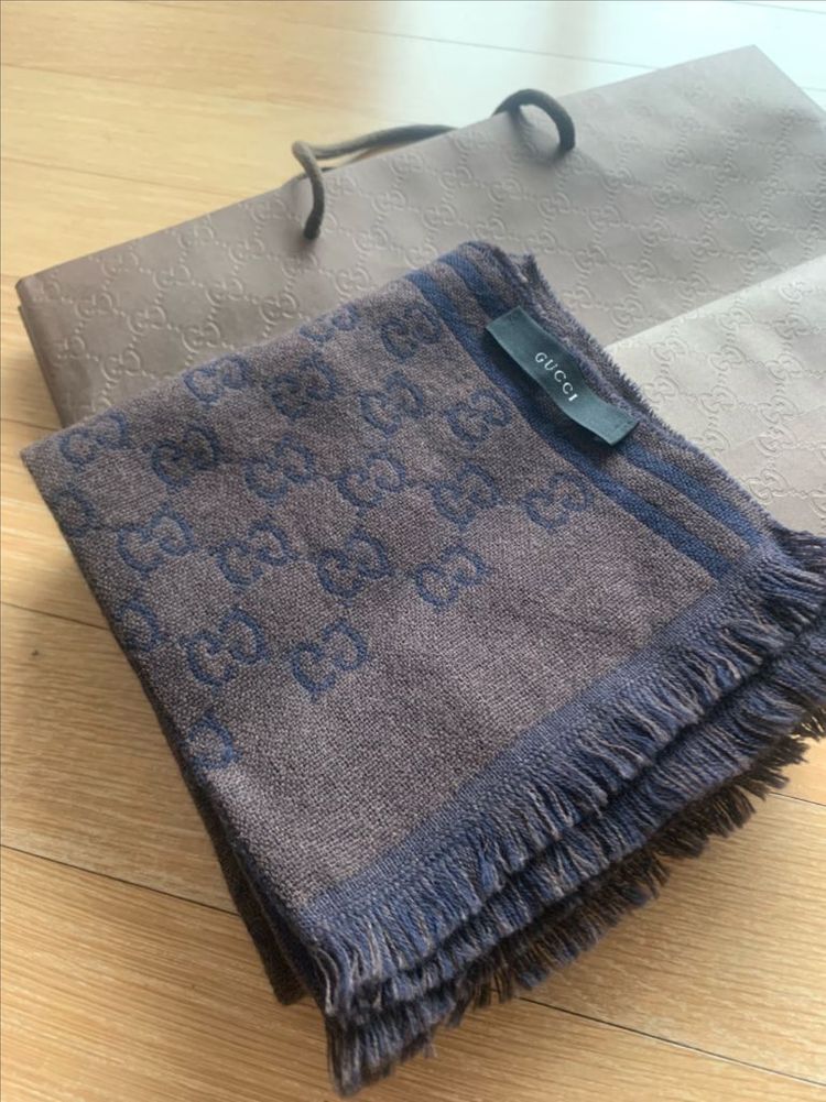 구찌 GG 로고 머플러 Jacguatd wool men blue/brown 이미지
