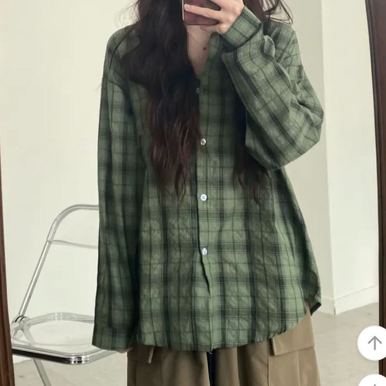 잇힝 쑥 라떼 체크 오버핏 긴팔 셔츠 시어서커 가을 긱시크 너드 남방 긴소매 에이블리 지그재그--1