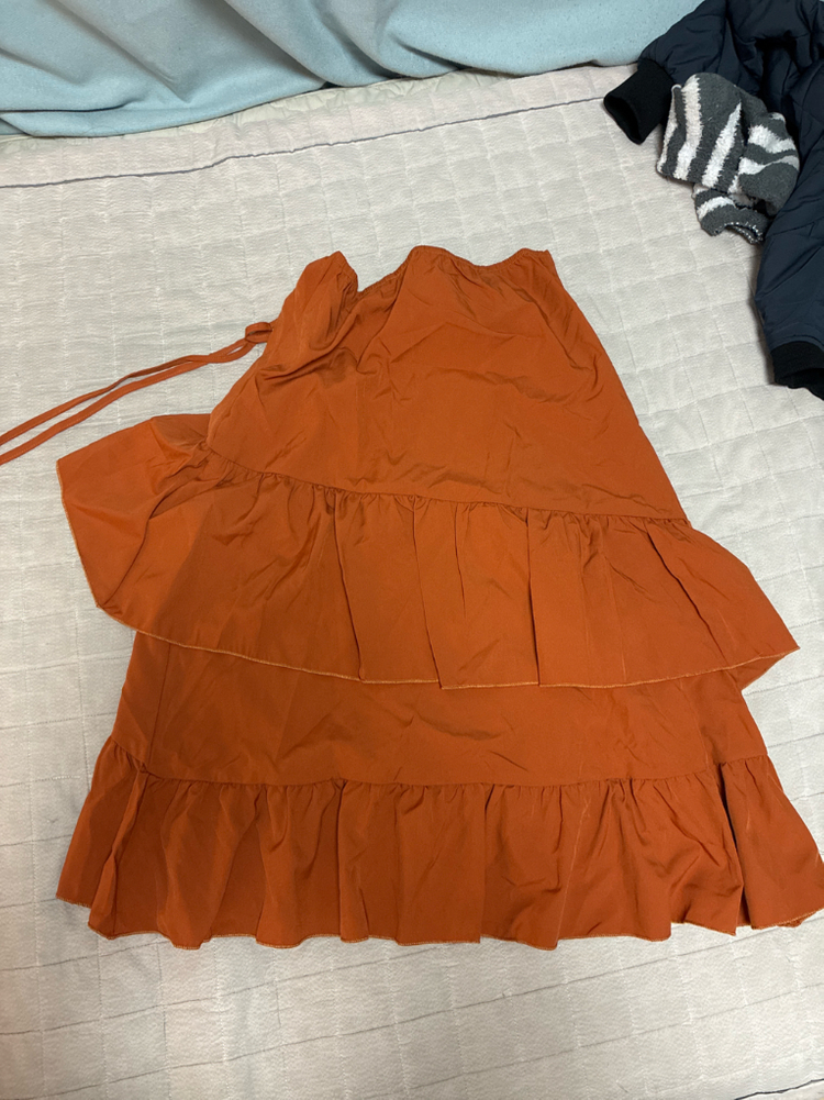 브라운 셔링 비대칭 롱 스커트--1