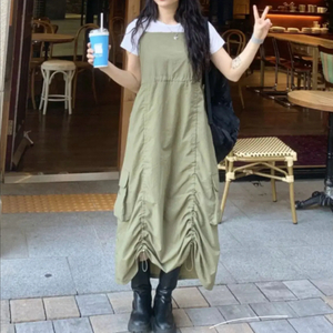 [F] 행자씨 스트링 카고 끈나시 롱원피스 카키
