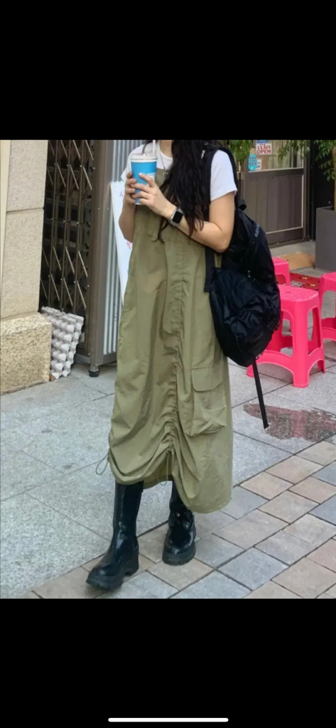 [F] 행자씨 스트링 카고 끈나시 롱원피스 카키--1