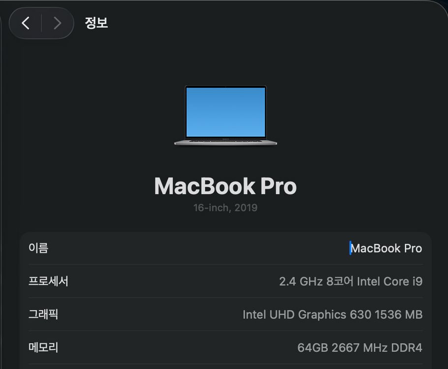 맥북프로 2019 16인치 cto i9 64gb 2tb--2
