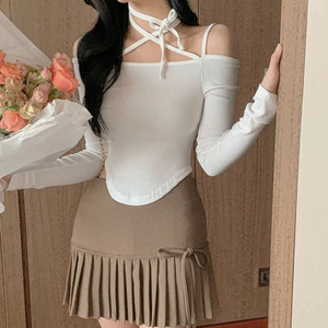 화이트 흰색 오프숄더 리본 블라우스 긴팔 홀터넥 골지 빈티지 에이블리 이미지