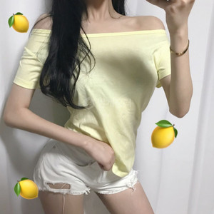 레몬 오프숄더 티셔츠 연노랑 노랑색 노랑 노란색 반팔티 에이블리 이미지