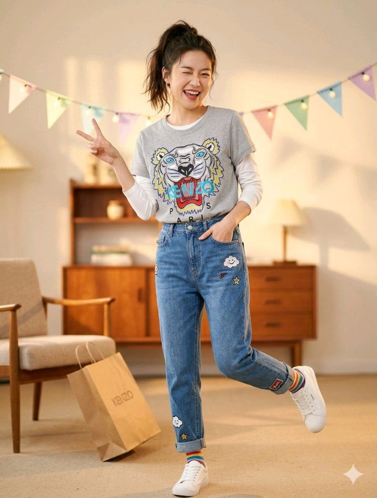 타이거 자수 반팔 여성 티셔츠 이미지