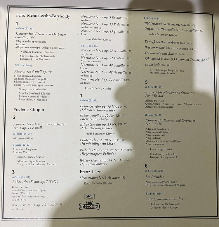 클래식 LP 쇼팽 / 멘델스존 / 리스트 6장 세트--2