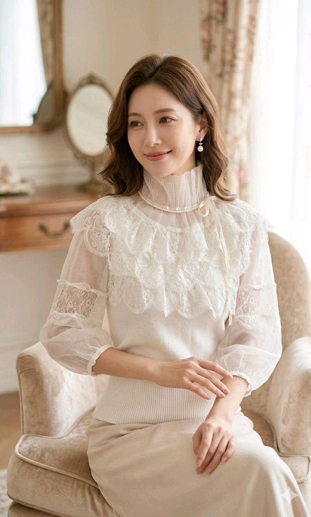 아이보리 레이스 시스루 니트 블라우스 / 하이넥 러플 / 퍼프소매--0