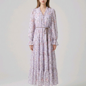 SJSJ 라벤더 플로럴 쉬폰 롱 원피스