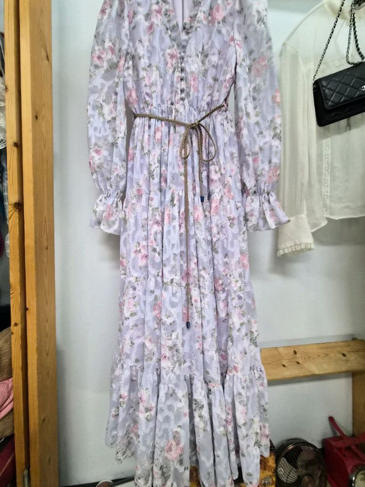 SJSJ 라벤더 플로럴 쉬폰 롱 원피스--5