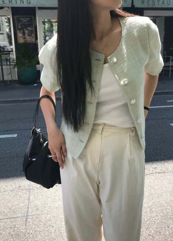 아카이브 제이투유 민트 트위드 반팔 자켓 / 코드유 타낫 레이지샵 더바넷 웨어웨더 르플레인 온트 시에 더위시 리즈--5