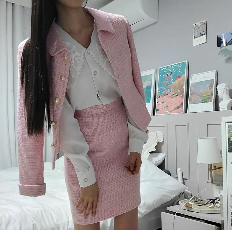 딸기우유 베이비핑크 핑크 트위드자켓 트위드투피스 셋업--1