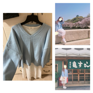 (66세트) 여리핏 브이넥 하늘색 니트 + 레이스 이너 나시 원피스 / 벚꽃 봄코디 루즈핏