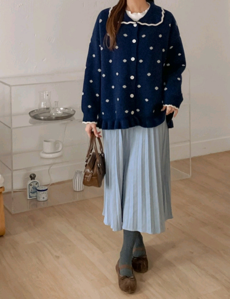 [새상품]로미스토리 세일러카라 빅카라 러블리 도트 프링스 가디건 네이비--1