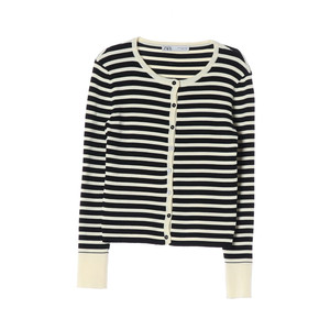 ZARA 자라 블랙 아이보리 스트라이프 골지 라운드 가디건 M 이미지