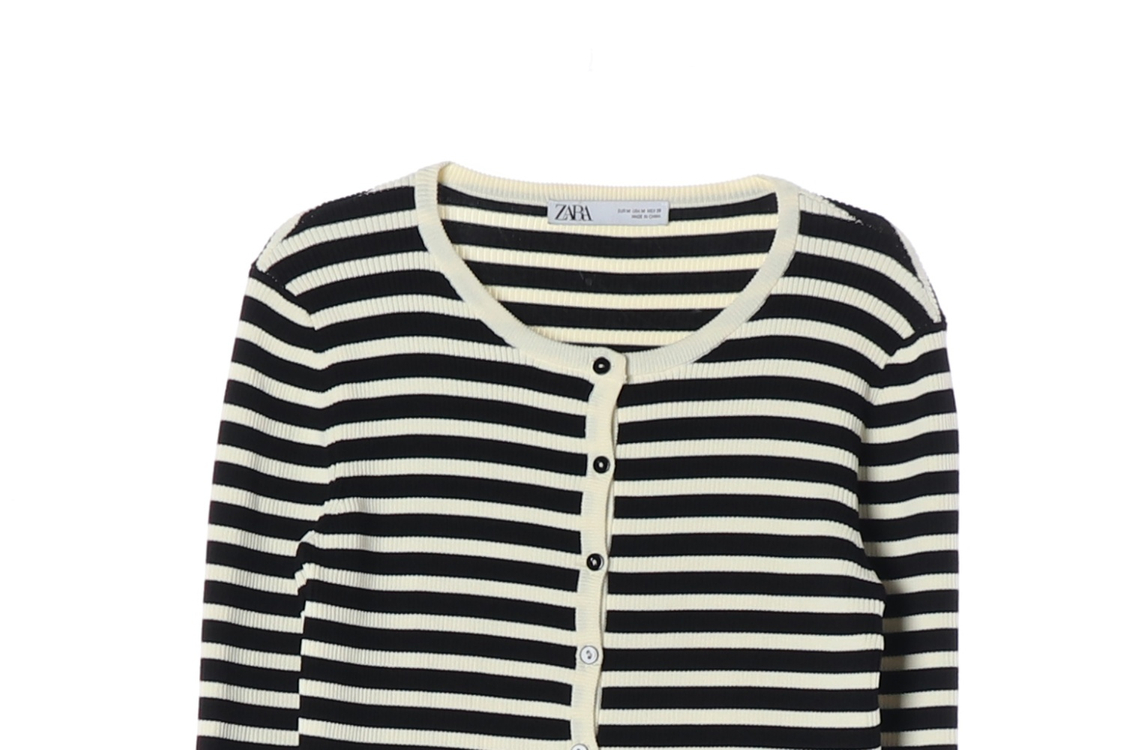 ZARA 자라 블랙 아이보리 스트라이프 골지 라운드 가디건 M 이미지