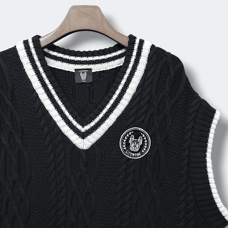 [2XL] 라이프워크 블랙 오버핏 케이블 브이넥 니트 조끼 이미지