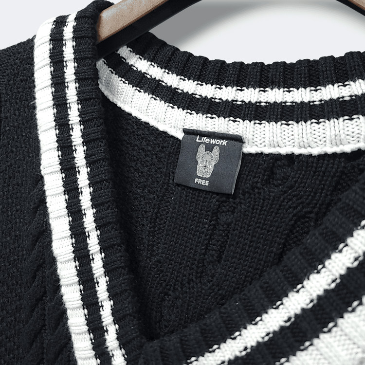 [2XL] 라이프워크 블랙 오버핏 케이블 브이넥 니트 조끼 이미지