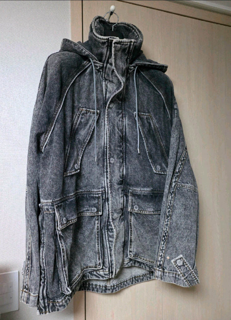 준지 후디드 라이트 그레이 워싱 오버사이즈 데님 자켓 44--10
