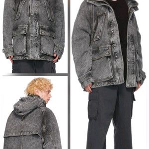 준지 후디드 라이트 그레이 워싱 오버사이즈 데님 자켓 44