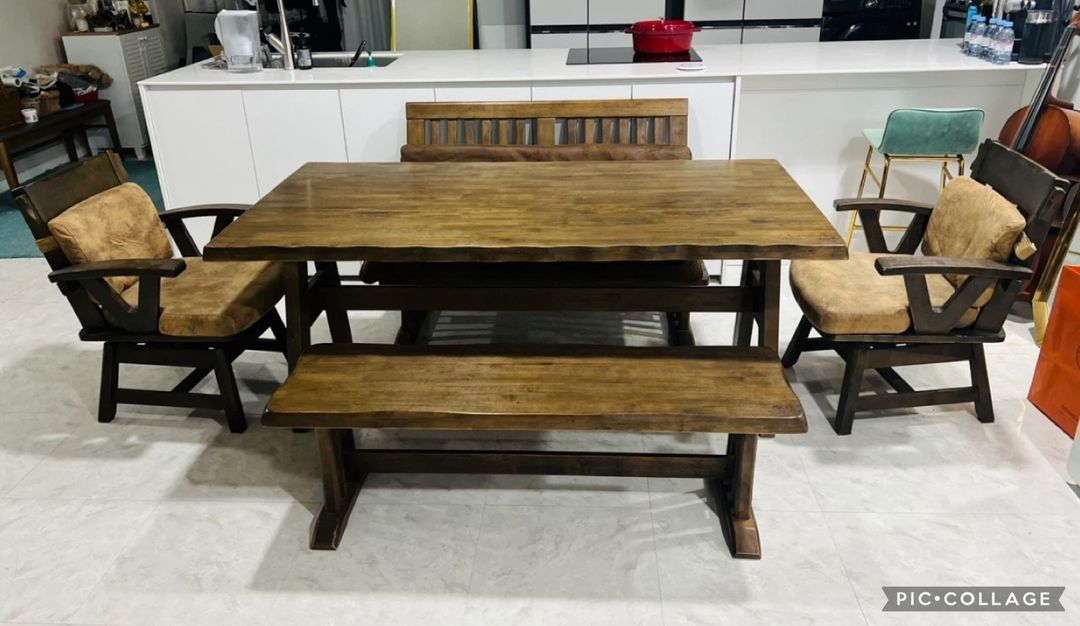 양성국갤러리 통원목 6인용 식탁/ 벤치의자/ 등받이벤치의자+회전의자 2인조세트--1