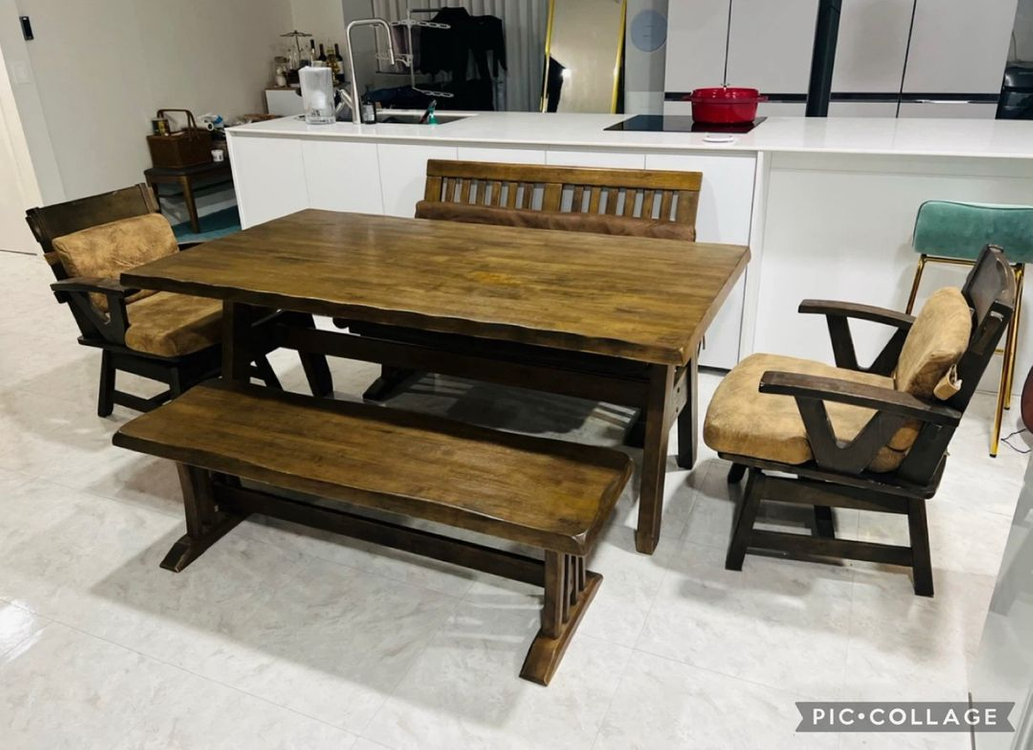 양성국갤러리 통원목 6인용 식탁/ 벤치의자/ 등받이벤치의자+회전의자 2인조세트--2