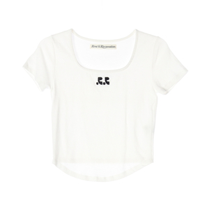 레스트앤레크레이션 화이트 RR 스퀘어넥 탑 반팔 크롭 티셔츠