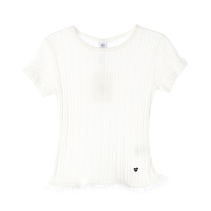 (새상품) 론론 25SS 화이트 레이스 프릴 슬림 크롭 플리츠 반팔 티셔츠