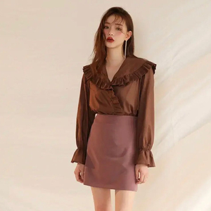 [새상품] 커먼유니크 브라운 카라 프릴 블라우스 이미지