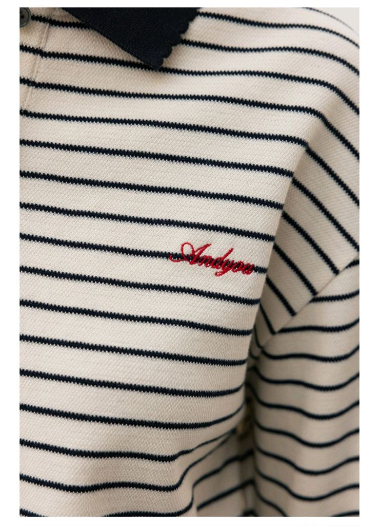 앤유 피케셔츠 cream navy stripe--8