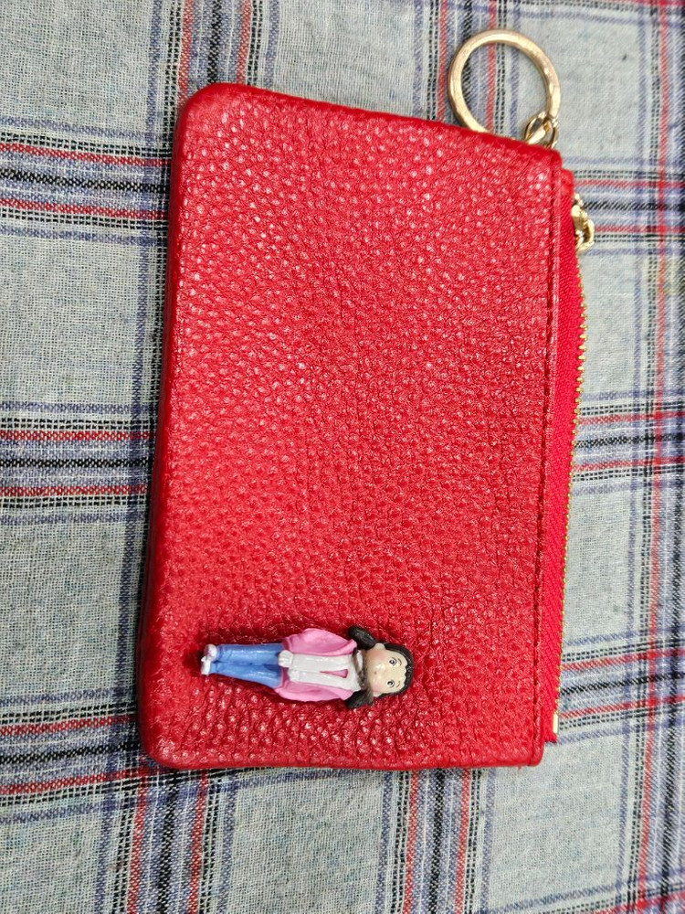 귀여운 캐릭터 소가죽 카드지갑 키링 레드--1