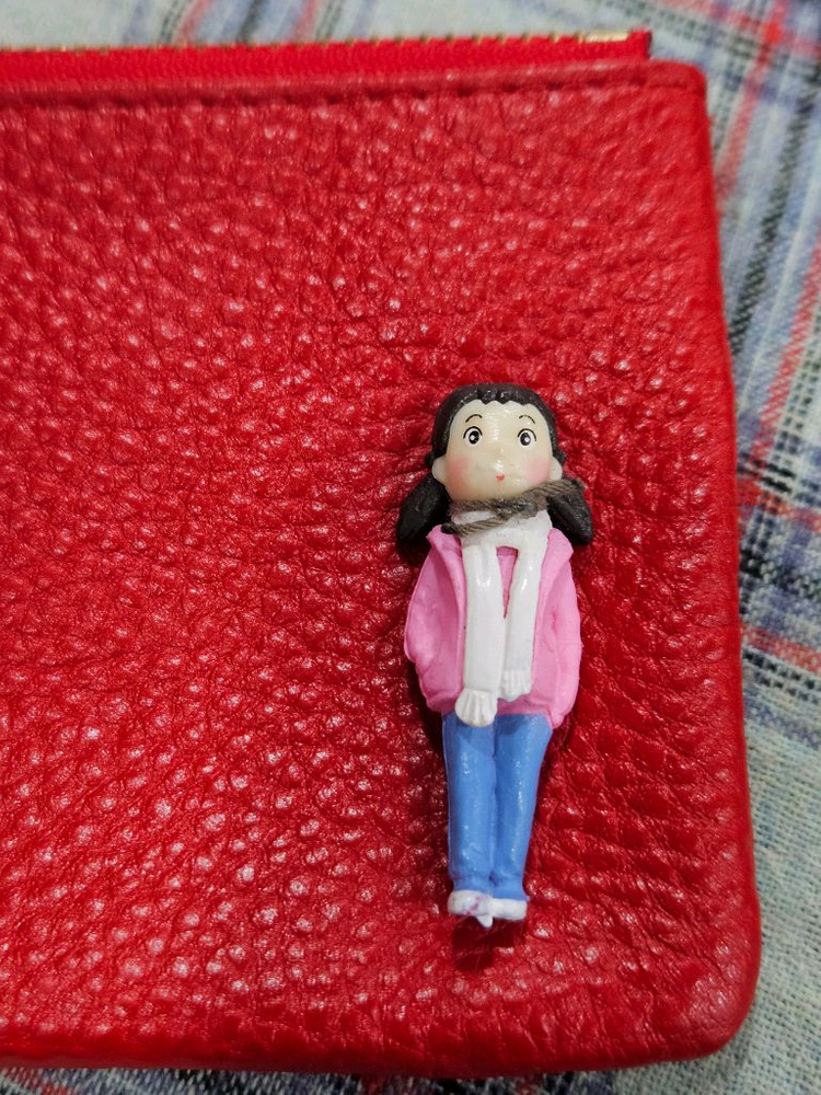 귀여운 캐릭터 소가죽 카드지갑 키링 레드--2