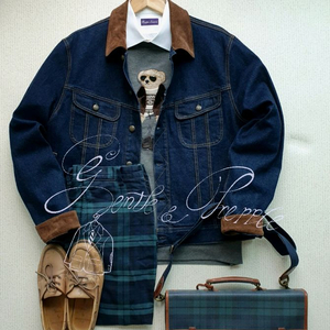 랄프로렌 퍼플라벨 레더카라 데님 자켓