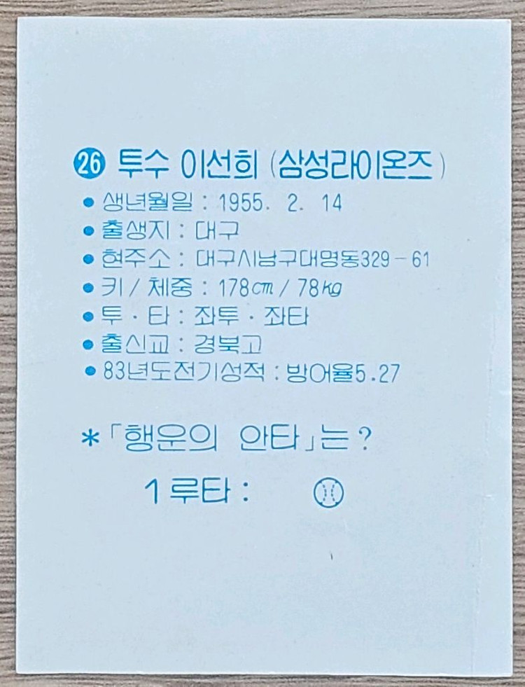 1983년 프로야구 삼성 라이온즈 이선희 선수 스포츠카드 홈런콘 속에 1장 랜덤으로 들어 있있던 카드초기 프로야구 이미지