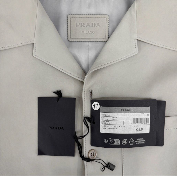 [50] 프라다 남성 나파 레더 삼각로고 램스킨 반팔 셔츠 자켓 베이지--7
