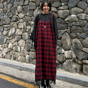 체크 레이스 뷔스티에 레이어드 롱원피스 레드