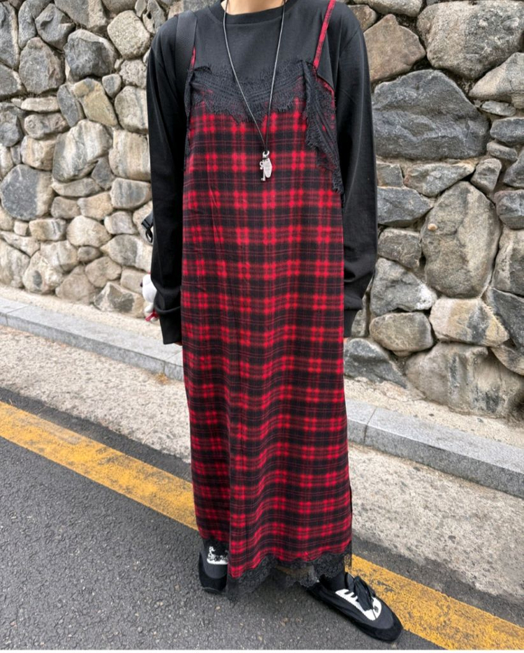 체크 레이스 뷔스티에 레이어드 롱원피스 레드--1