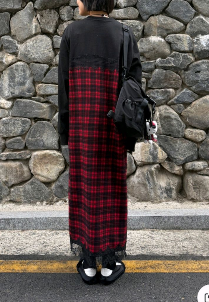 체크 레이스 뷔스티에 레이어드 롱원피스 레드--2